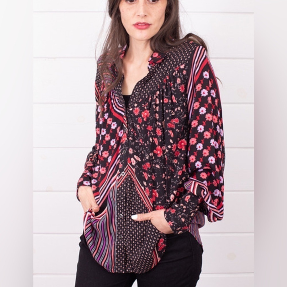 Free People Hazel Button Down Festive Mix Print Patchwork Loose Relaxed Shirt